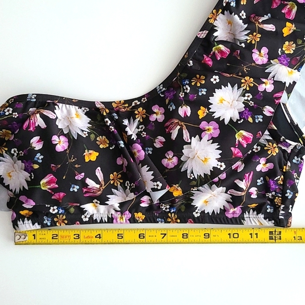 La Vie en Rose One Shoulder Ruffle Bandeau Bikini Top Black Print Size Medium - Picture 5 of 9